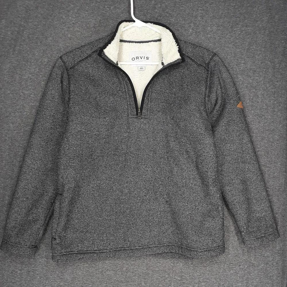 Orvis 1/4 Zip Pullover sweater Adult L‎ black gray Sherpa Lined mens casual